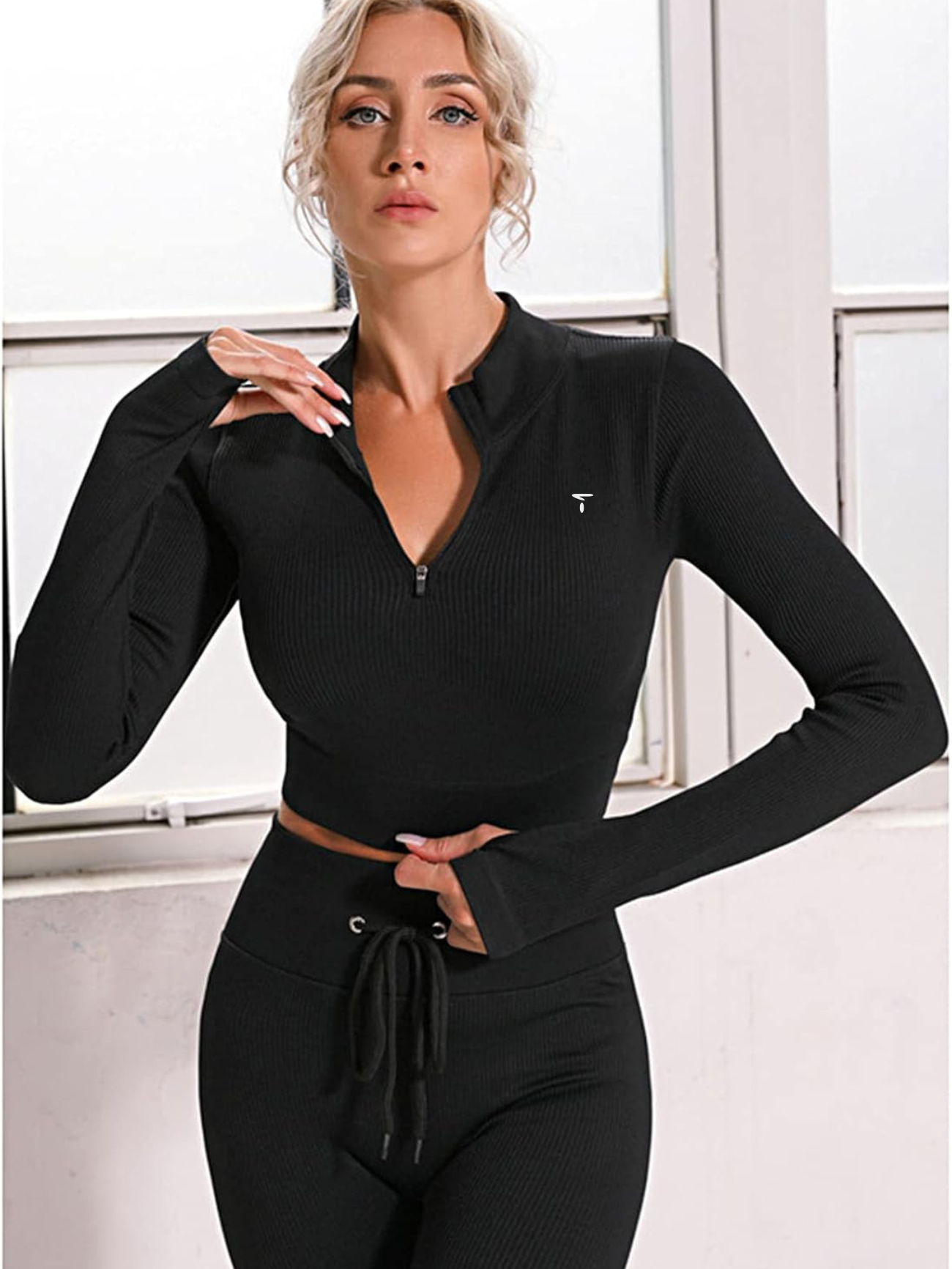 Triny Ribbed Seamless Activewear Set - Long Sleeve Crop Top & High Waist Leggings
